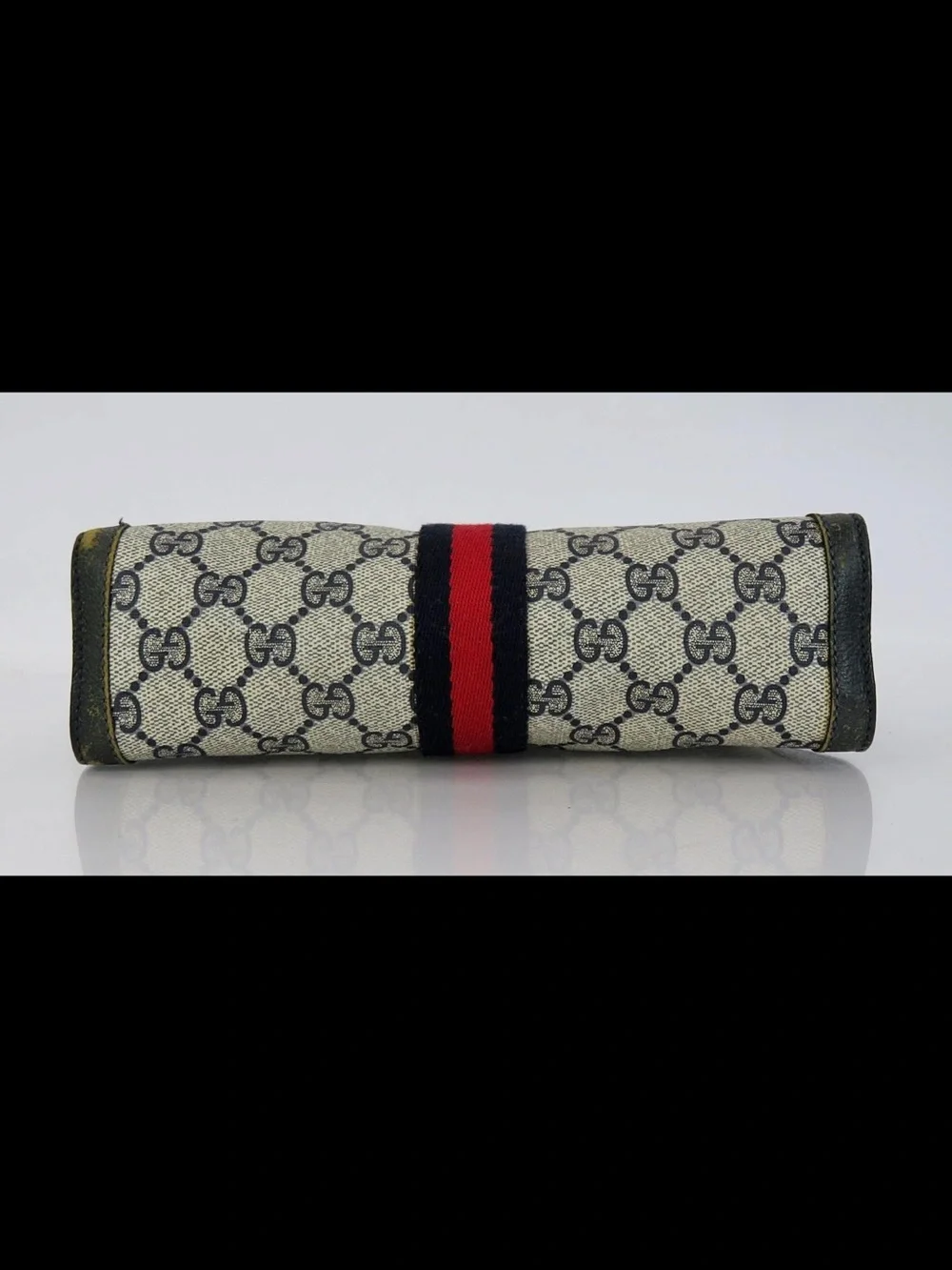 Gucci Beige GG Canvas Clutch with Black Trim and Red/Navy Web Stripe